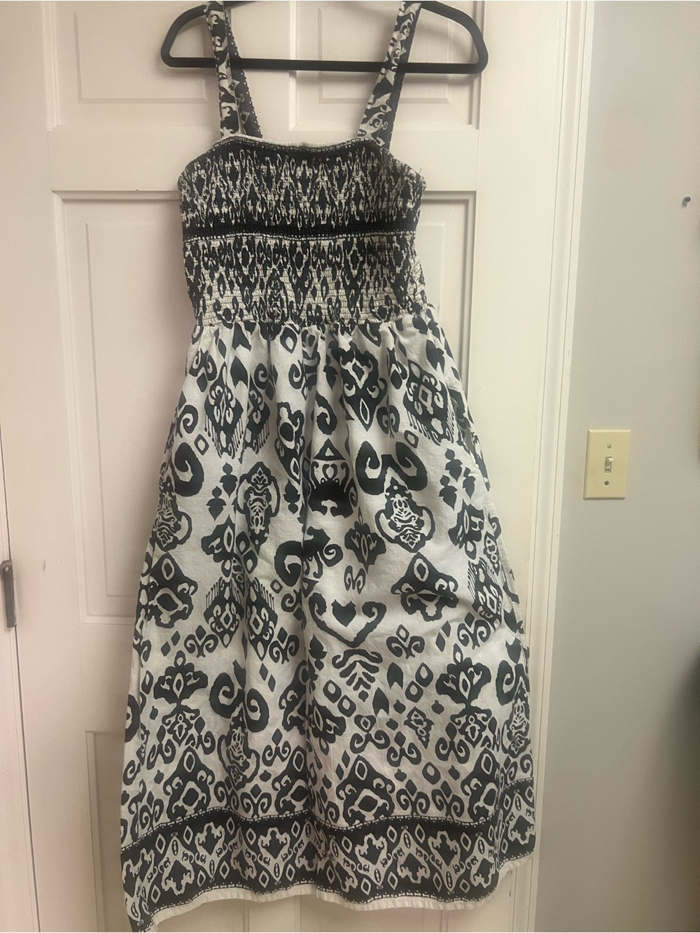 Smocked Black and White Patterned Ladies wide leg jumpsuit